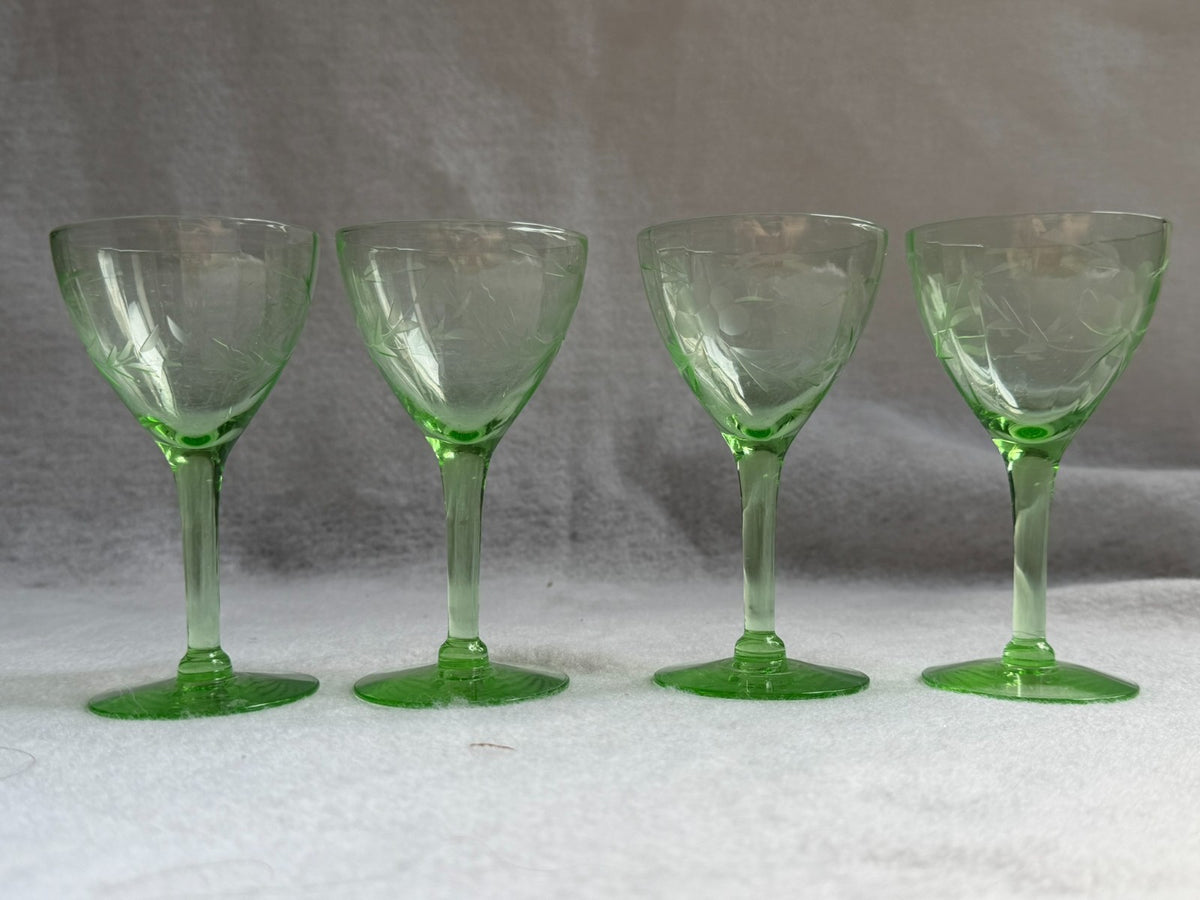 Uranium Glass Cordial Glasses UV Reactive Stemware Set of 4