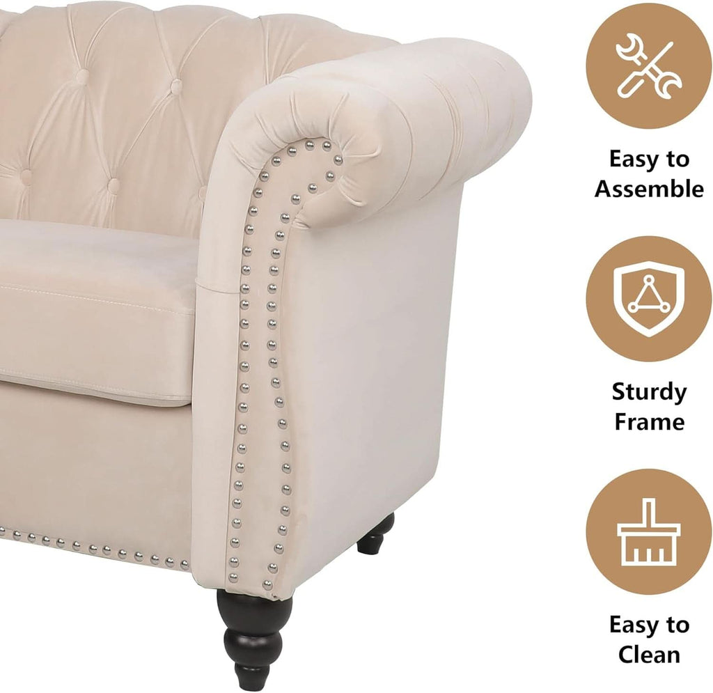 Beige Velvet 3 Piece Living Room Set With Chesterfield Sectional Sofa And Loveseat