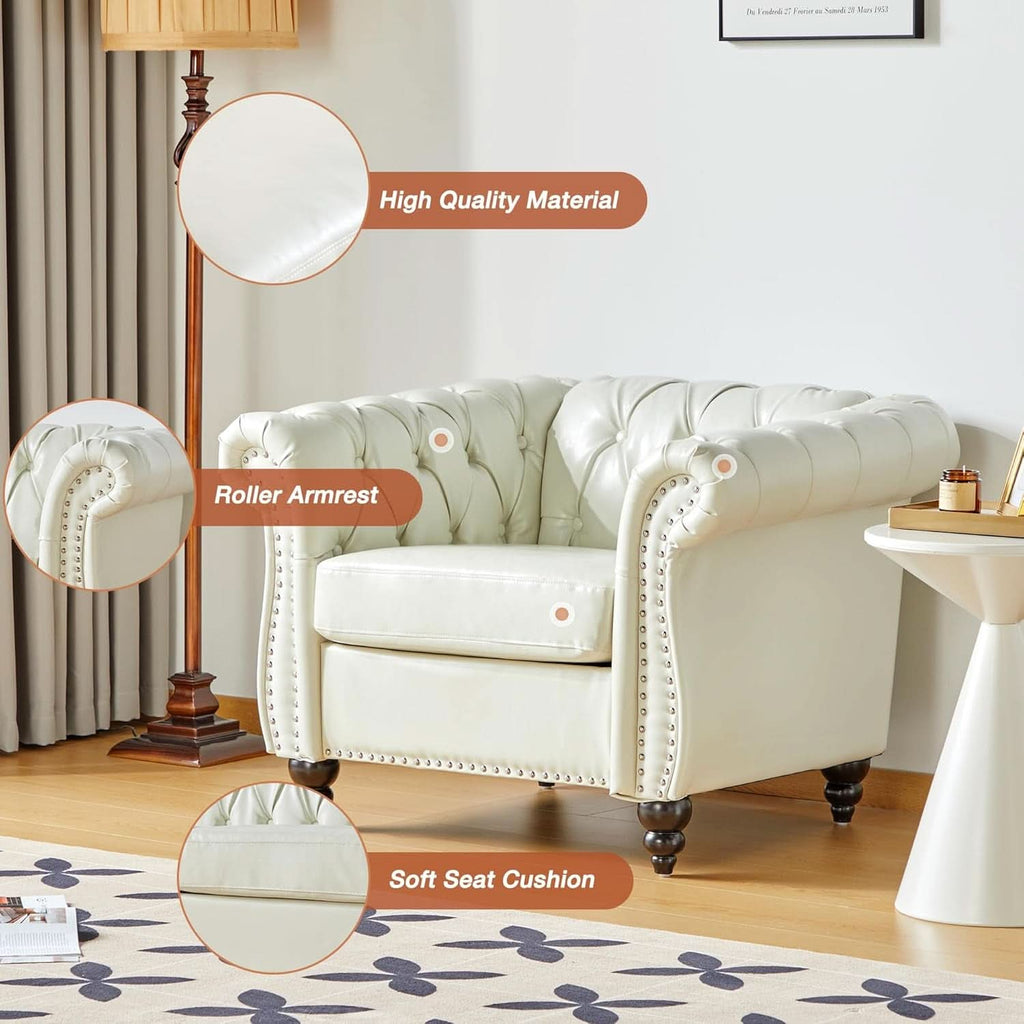 2 Piece Chesterfield Faux Leather Living Room Set Loveseat And Chair With Scroll Arms And Nailhead White