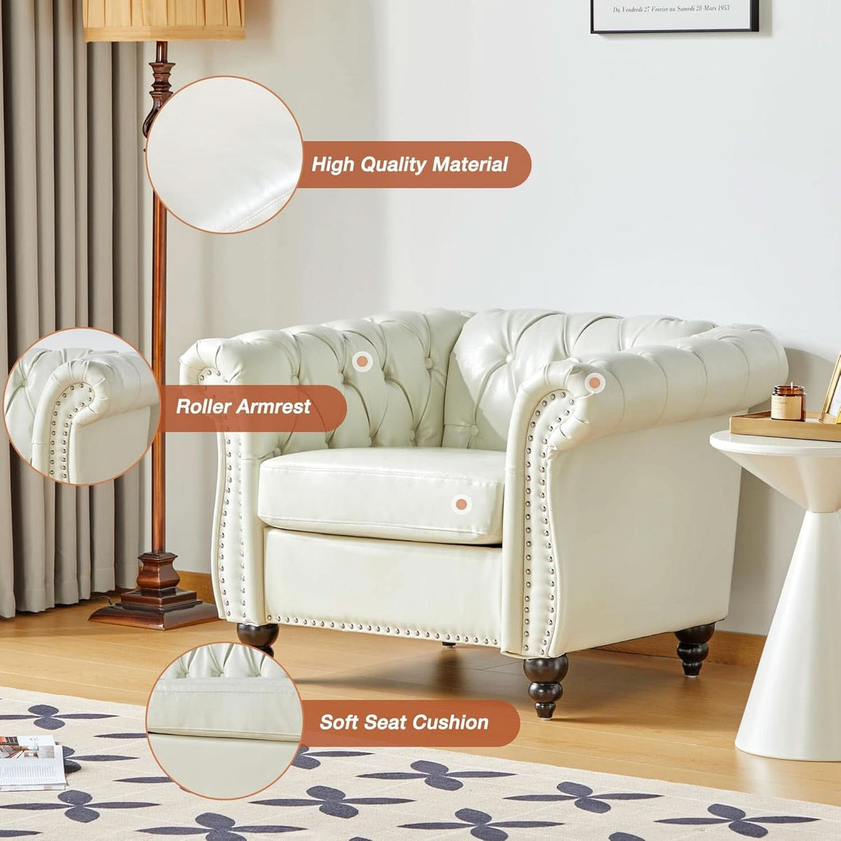 3 Piece Living Room Set Chesterfield Faux Leather Sofa Loveseat Chair White With Scroll Arms And Nailhead