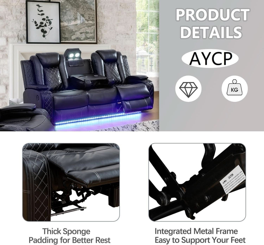 Black Power Air Leather Recliner Sofa Set With LED Lights