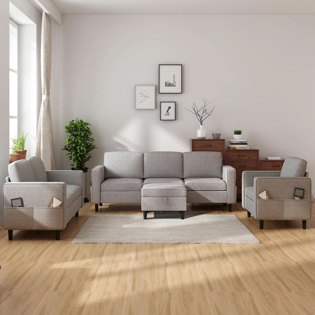 6 Seater Linen Fabric Sectional Sofa With Movable Storage Ottoman Light Grey