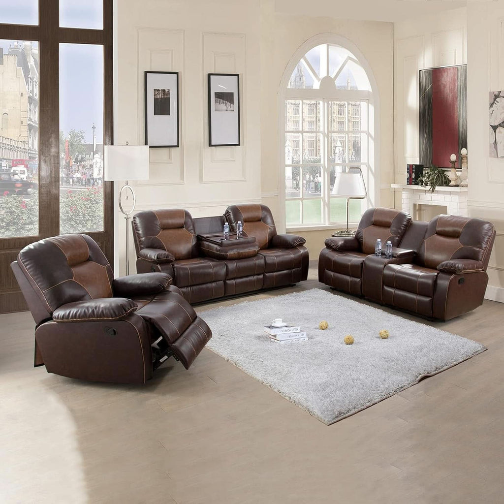Manual Recliner Sofa Set Bonded Leather With Storage Console Brown 3 Piece