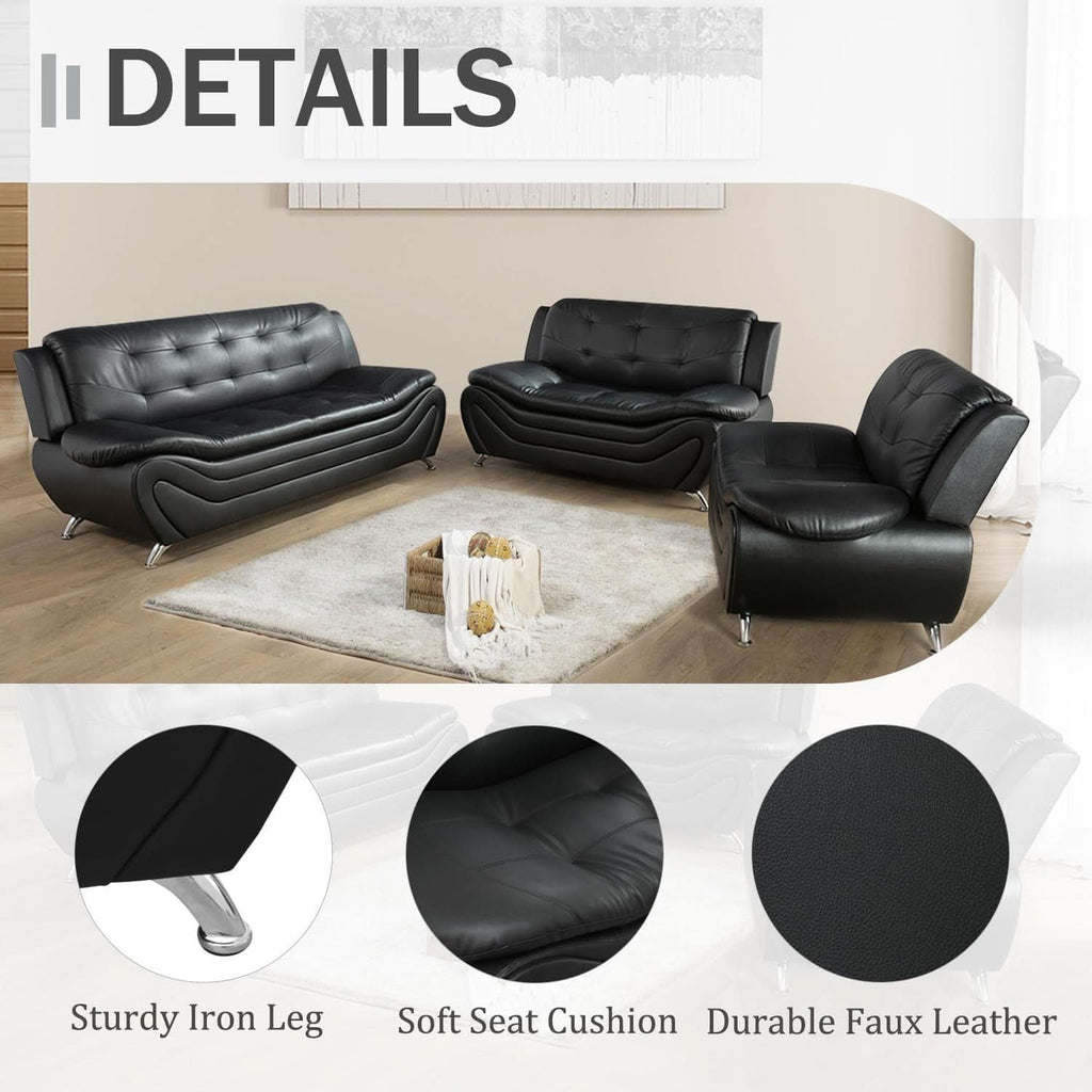 3 Piece Faux Leather Sofa Set For Living Room Black 3 Seater Sofa Loveseat Armchair