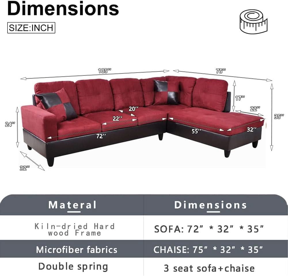 2 Piece Sectional Sofa Set L Shape Microfiber With Chaise Red Right Hand Facing Living Room
