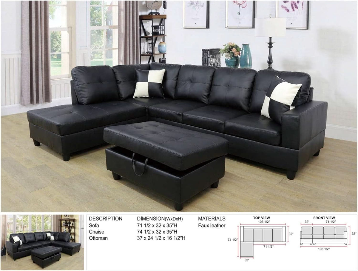 Faux Leather L Shaped Sectional Sofa Black 103 Inch Wide With Ottoman