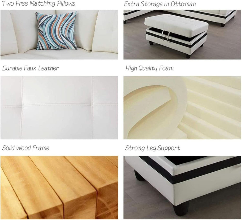 Sectional Sofa Faux Leather White L Shaped Couch Set
