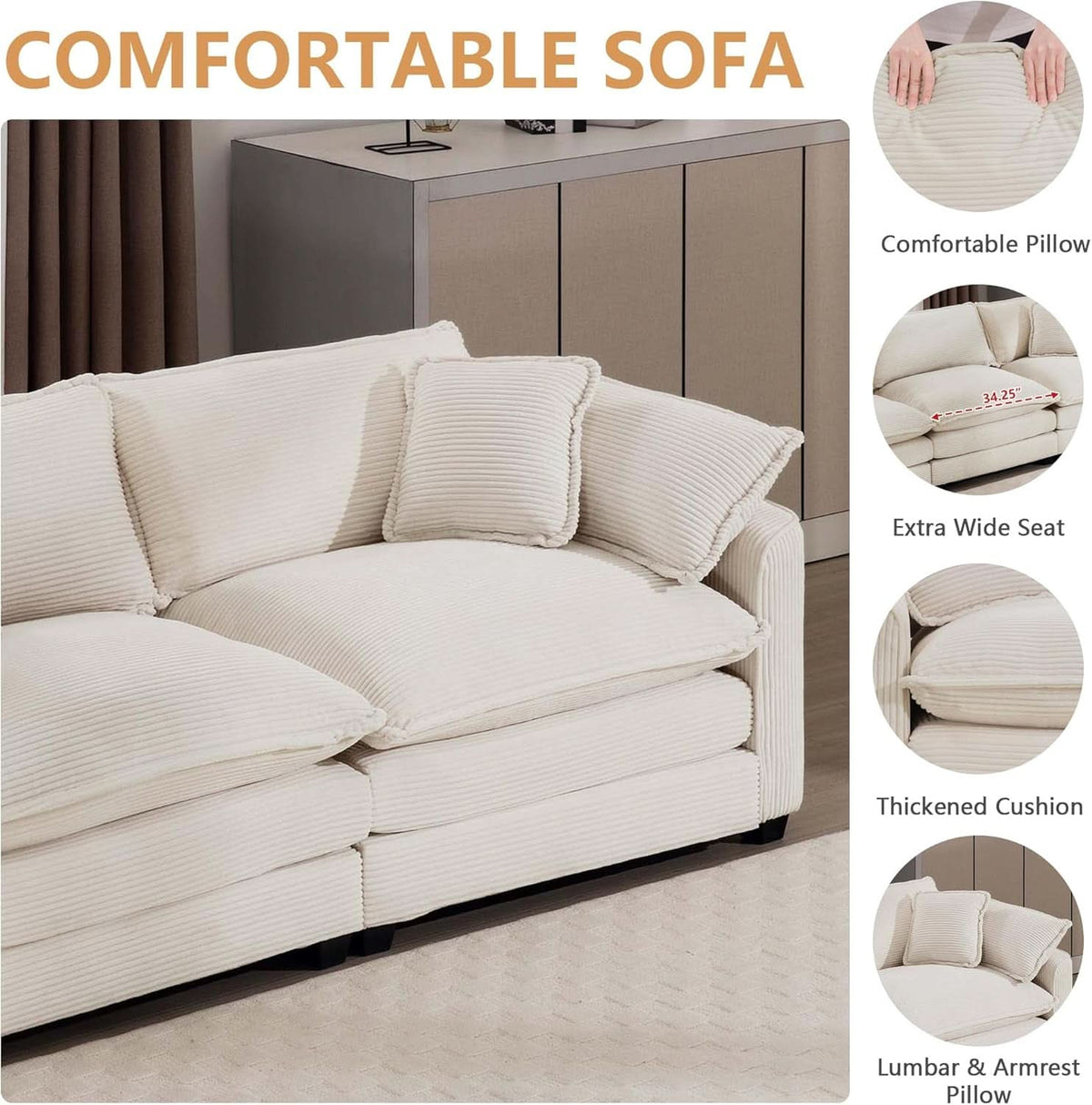 Oversized 2 Piece Sofa Set Beige 3 Seater And Loveseat