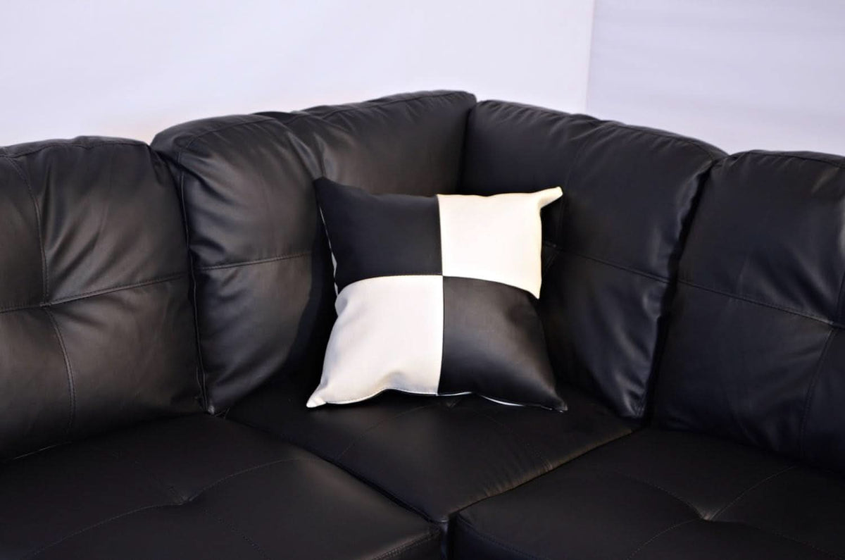 Black Faux Leather Sectional Sofa Set With Ottoman