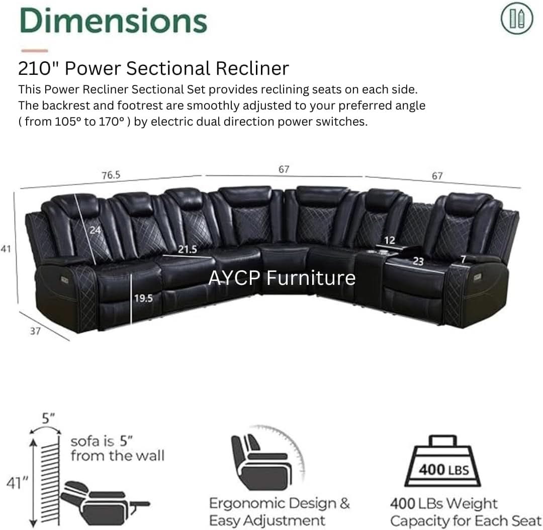 Power Recliner Sectional Sofa Black With LED Lights