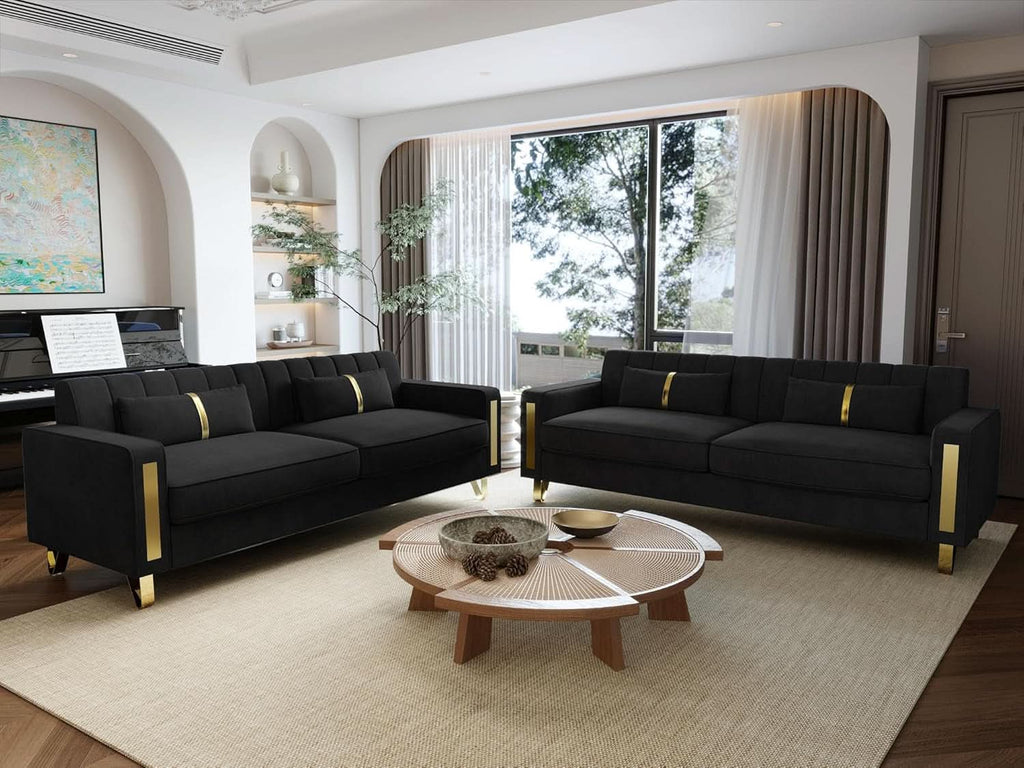 86-Inch Black Velvet Loveseat With Gold Metal Legs For Living Room
