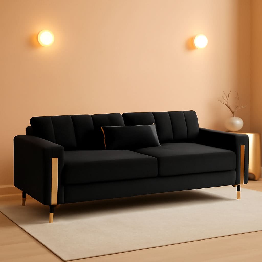 Two Piece Loveseat Sofa Set For Living Room 86 Inch Black Velvet Upholstery Quality Living Room Furniture