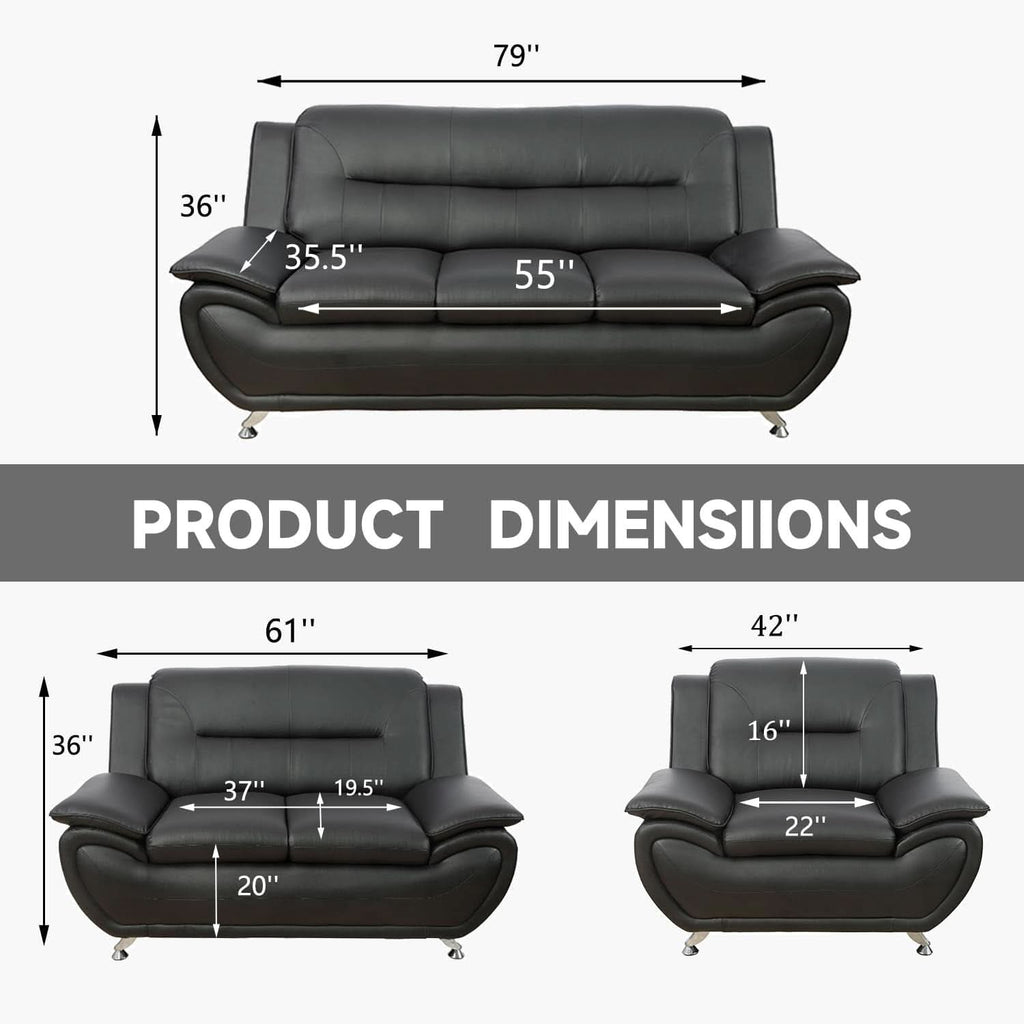 Faux Leather 3 Piece Modern Living Room Sofa Set Black
