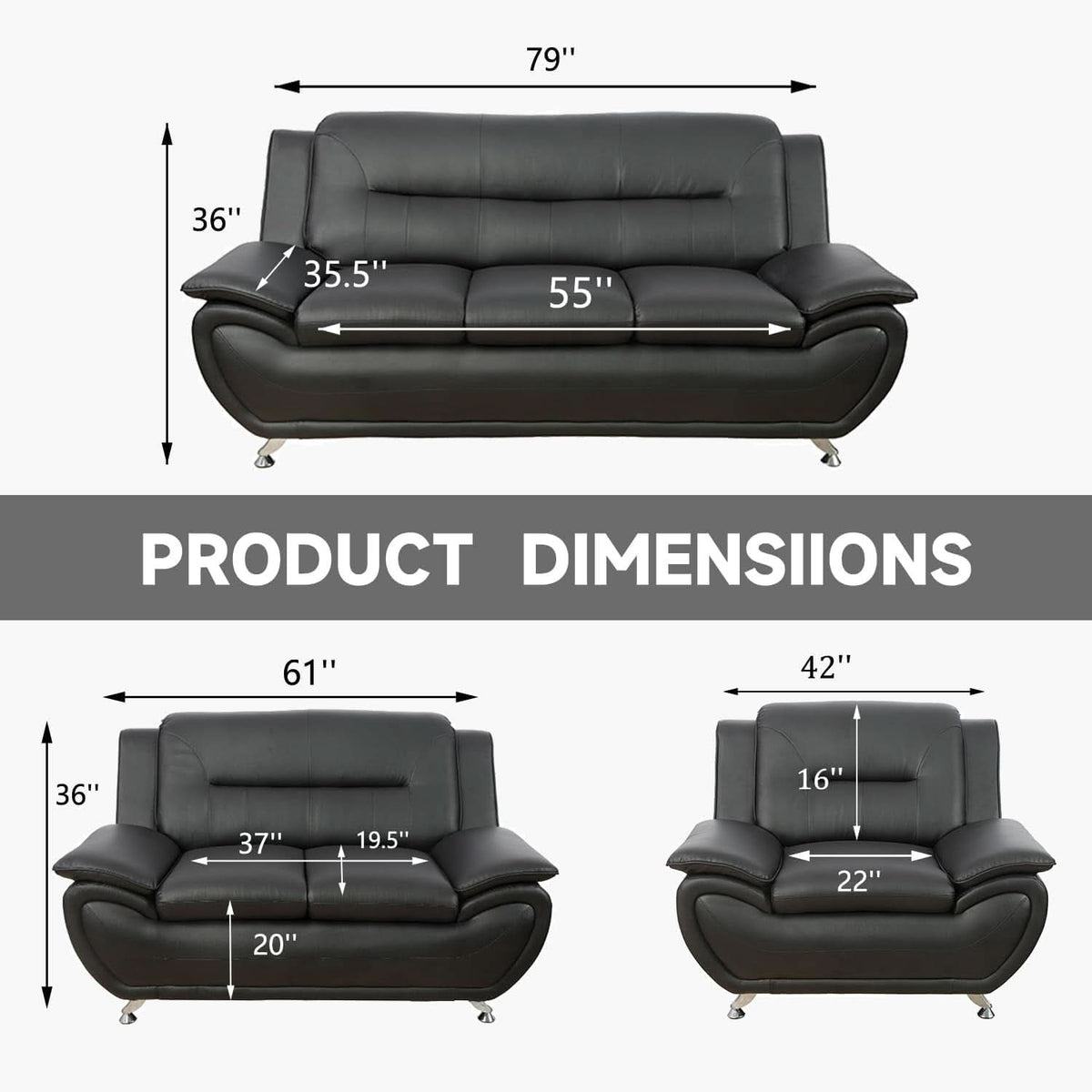 Faux Leather 3 Piece Modern Living Room Sofa Set Black