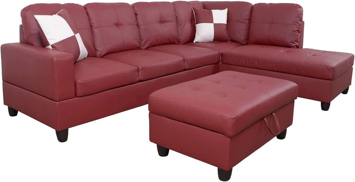 Sectional Sofa Faux Leather L Shaped 103.5 Inch Wide Red