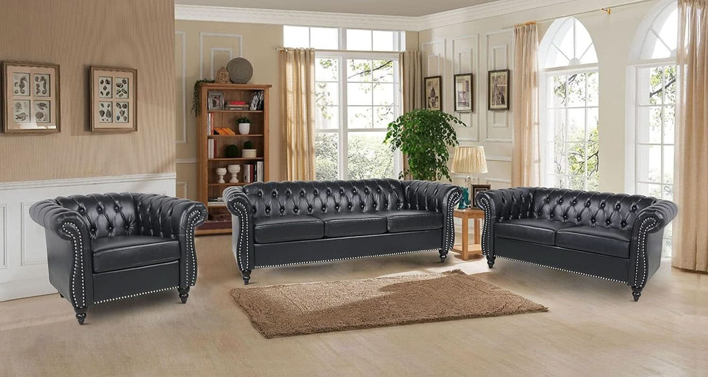3 Seater PU Chesterfield Sofa Black Tufted Nailhead Trim