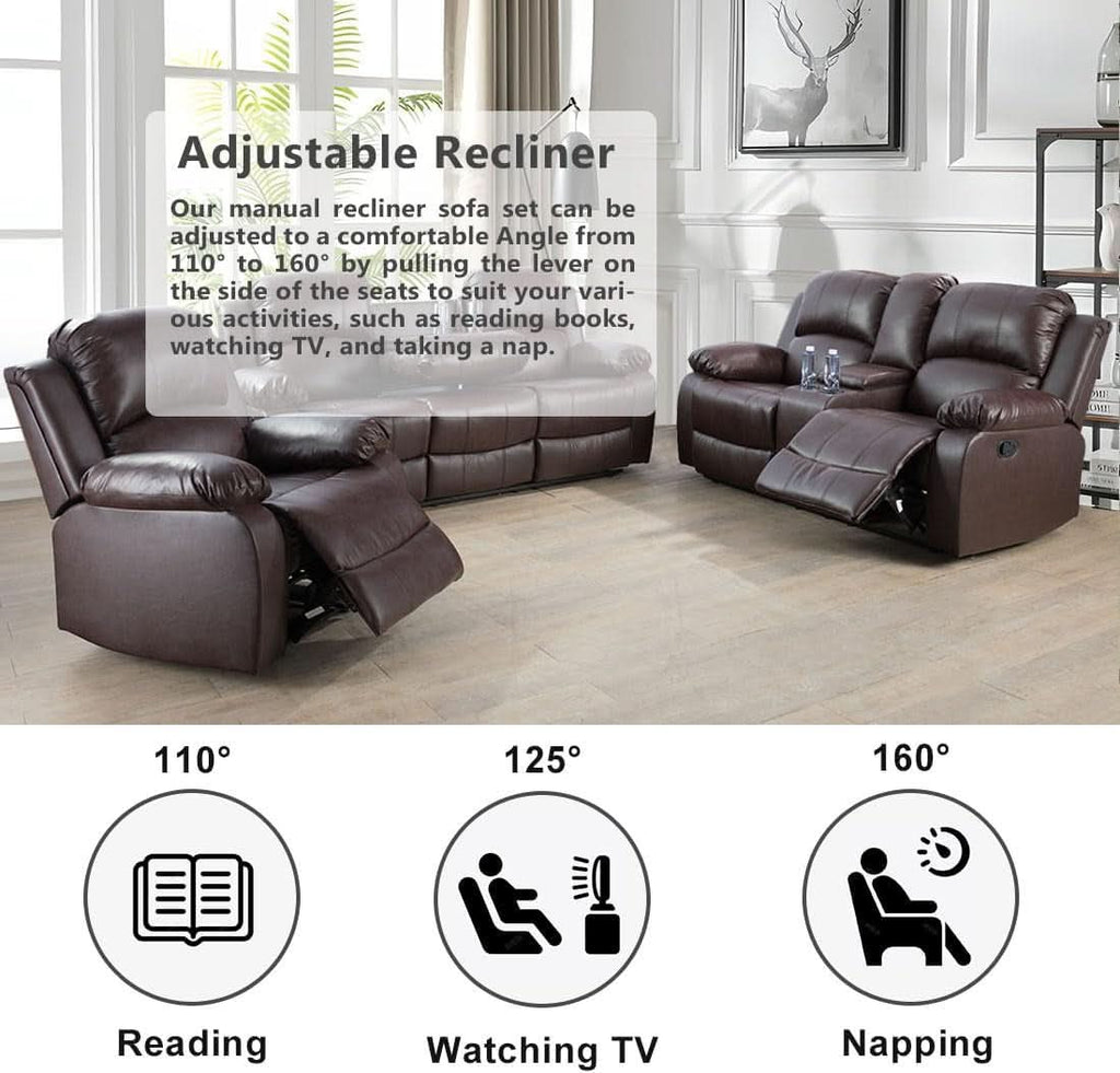 Brown 3 Piece Vegan Leather Recliner Sofa Set Cupholders