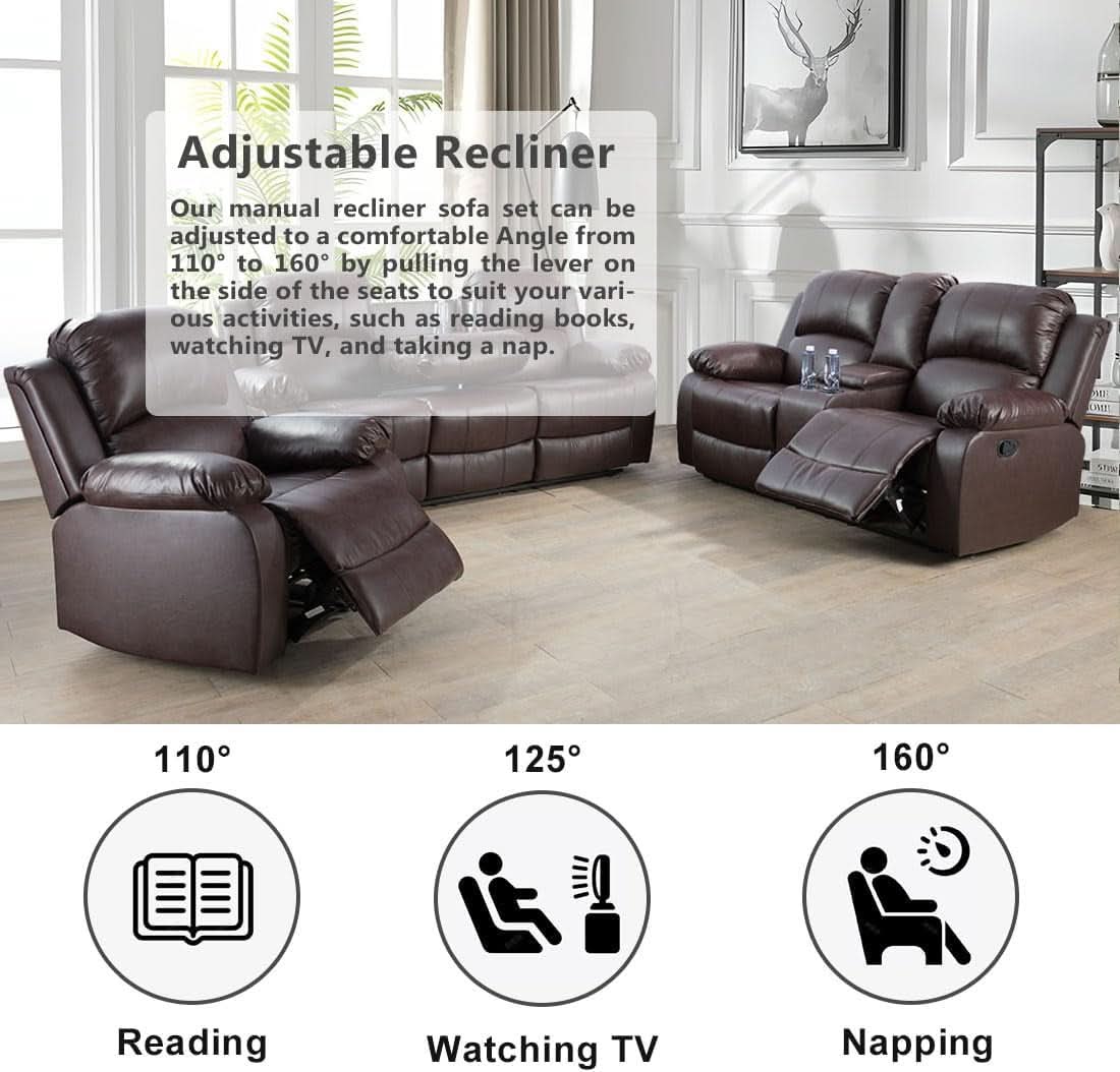 Brown 3 Piece Vegan Leather Recliner Sofa Set Cupholders