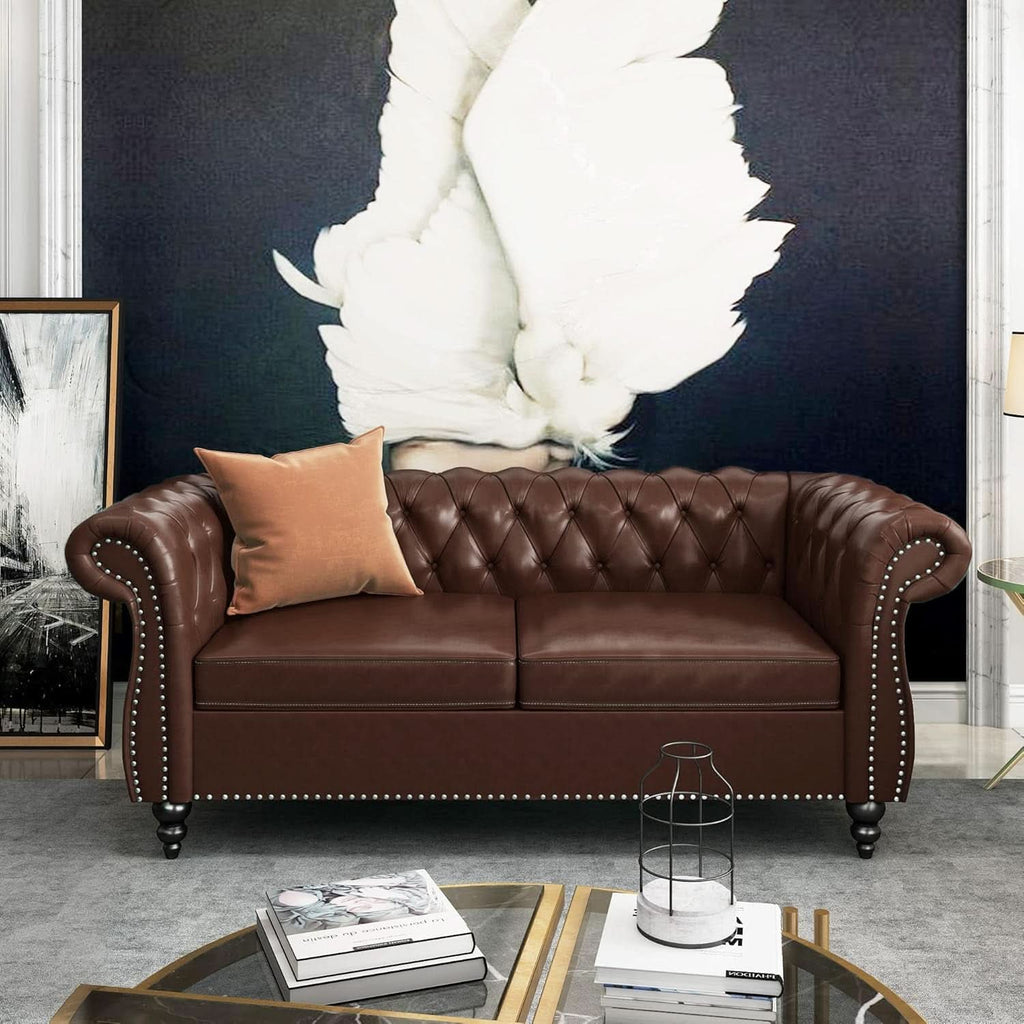 3 Piece Chesterfield Leather Living Room Set Sofa Loveseat Chair Dark Brown with Scroll Arms and Nailhead