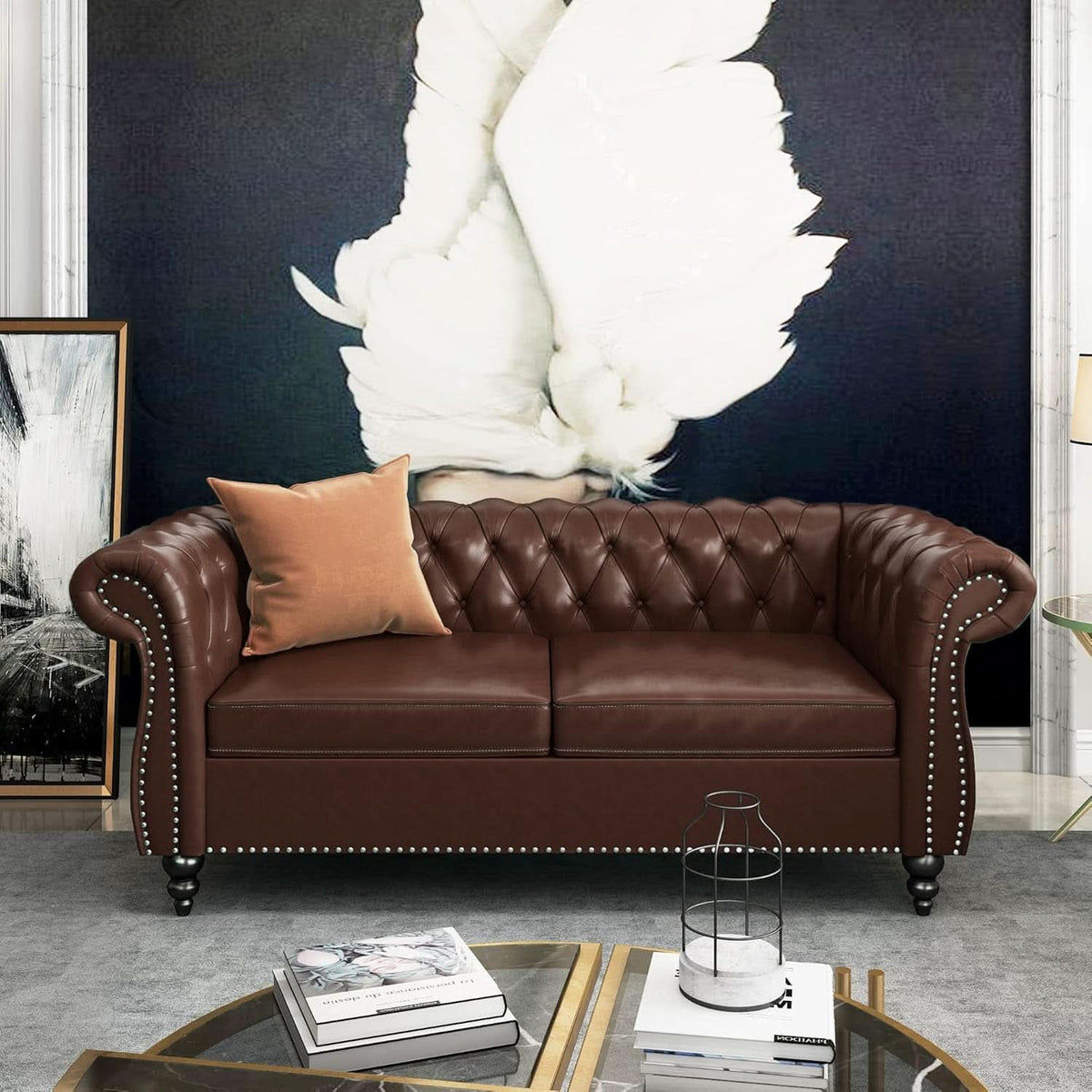 Two Piece Living Room Set Chesterfield Leather Sofa And Chair With Scroll Arms In Dark Brown