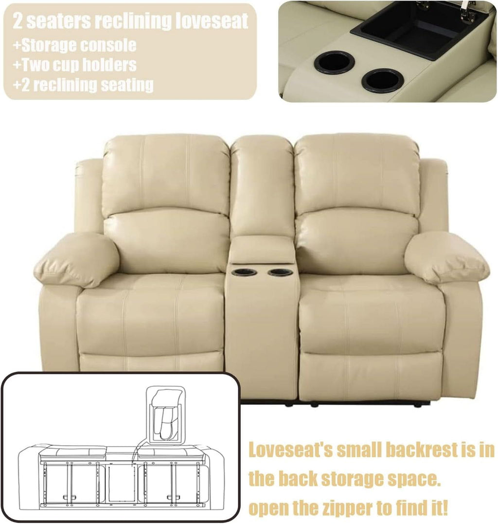 Beige Faux Leather Reclining Sofa Set With Storage Console
