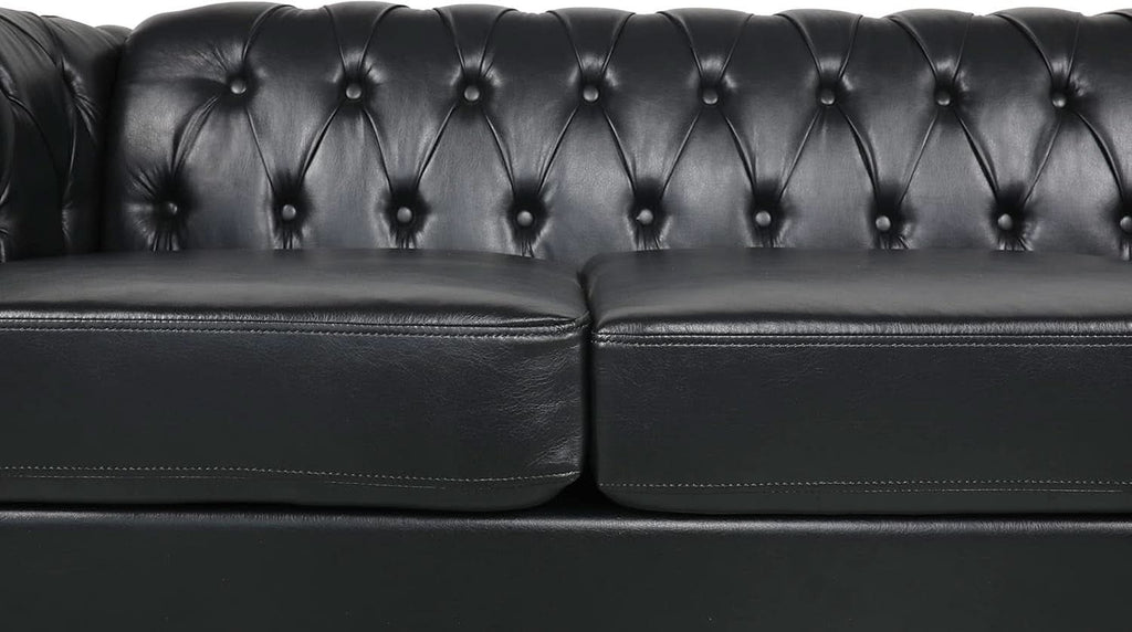 3 Seater PU Chesterfield Sofa Black Tufted Nailhead Trim