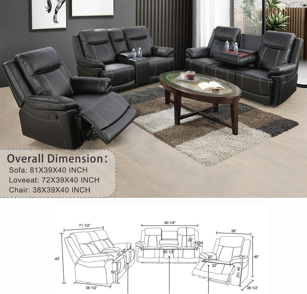 Manual Recliner Sofa Set Black Bonded Leather Cup Holders