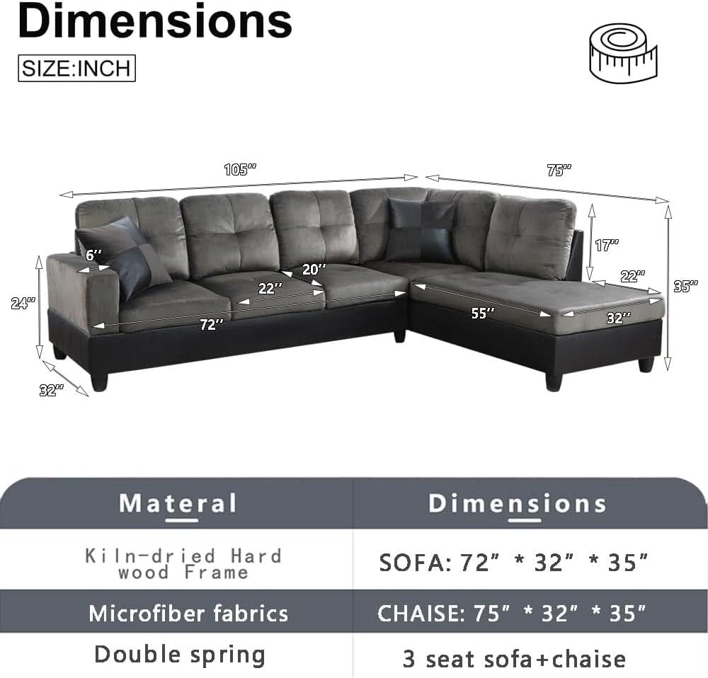 Two Piece L Shape Sectional Sofa Set With Chaise In Taupe Microfiber Right Hand Facing Living Room Furniture