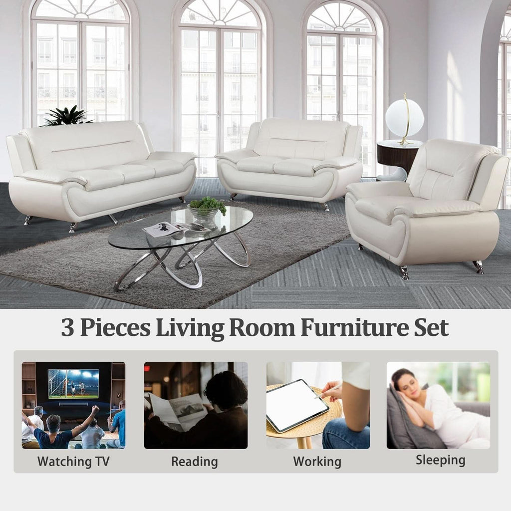 Faux Leather 3 Piece Modern Living Room Sofa Set White