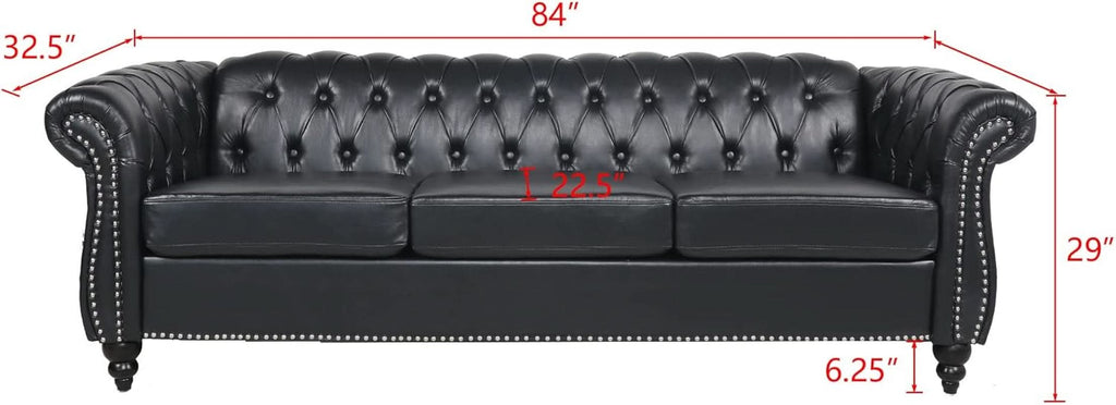 3 Seater PU Chesterfield Sofa Black Tufted Nailhead Trim