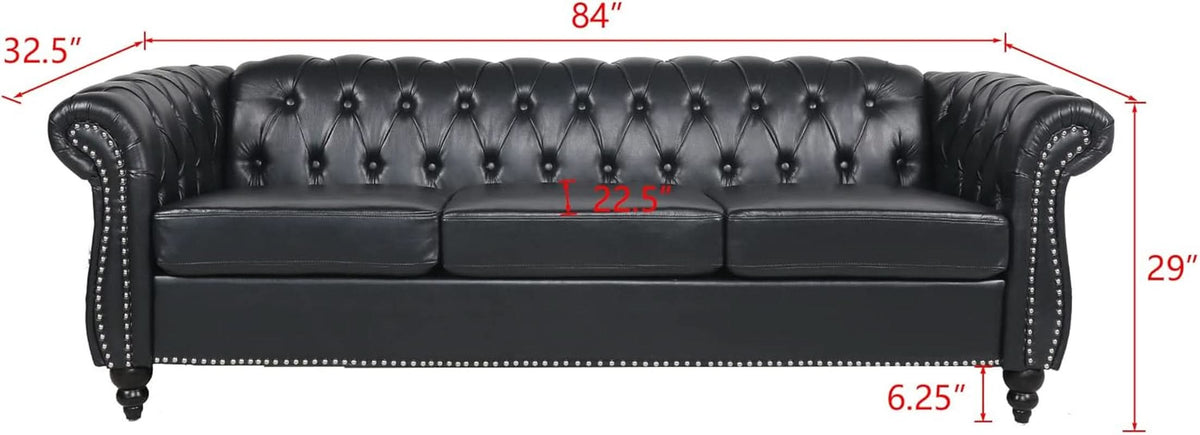 3 Seater PU Chesterfield Sofa Black Tufted Nailhead Trim