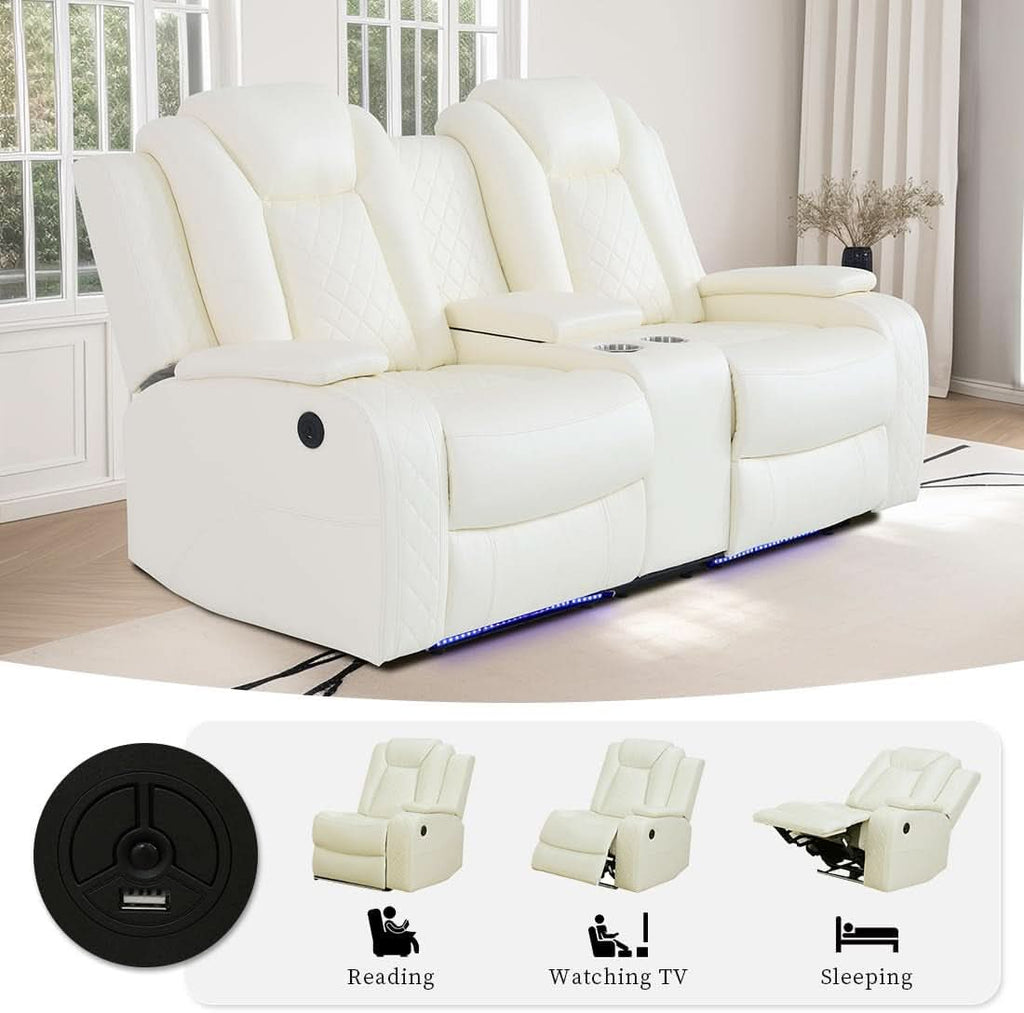 Living Room Set Leather Sofa Power Recliner Creamy White