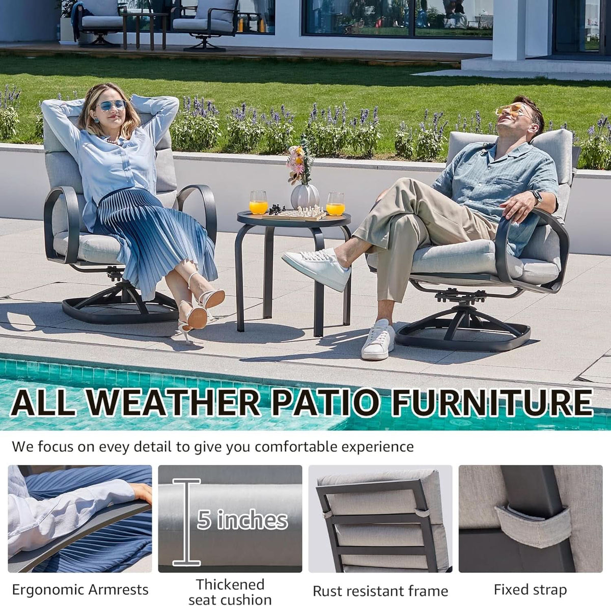 3 Piece Patio Bistro Set With Swivel Glider Chairs Table