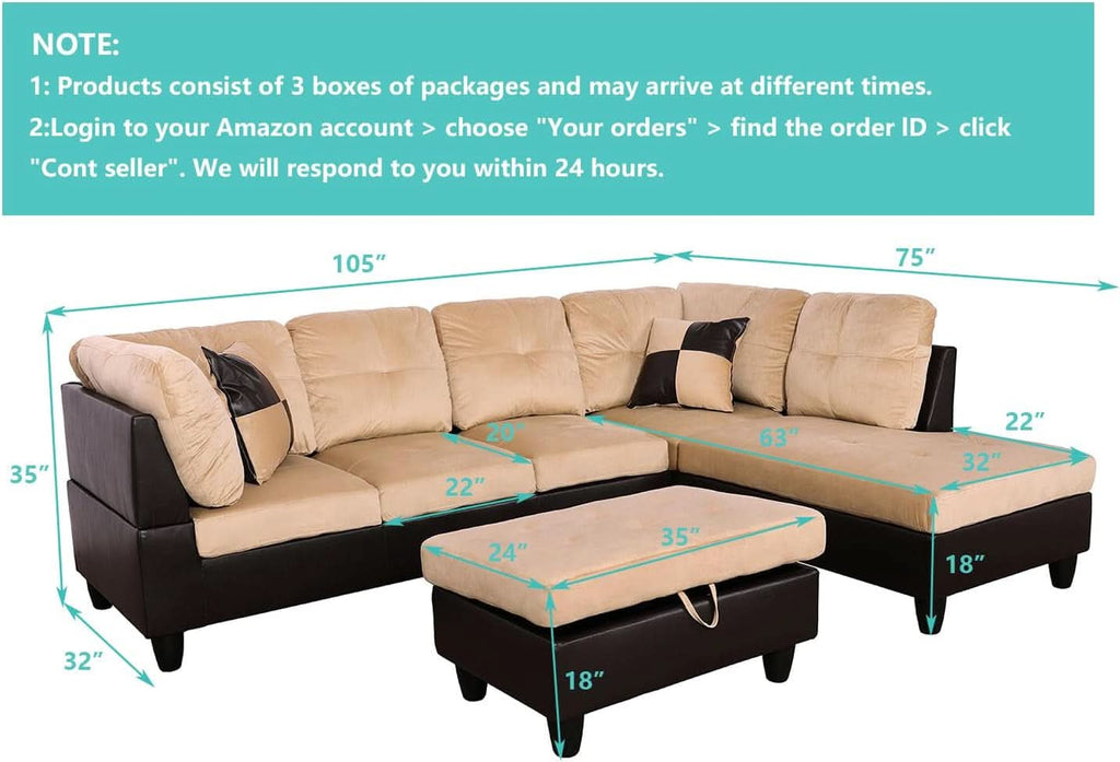 Beige 105 Inch L Shaped Sectional Sofa With Storage Ottoman