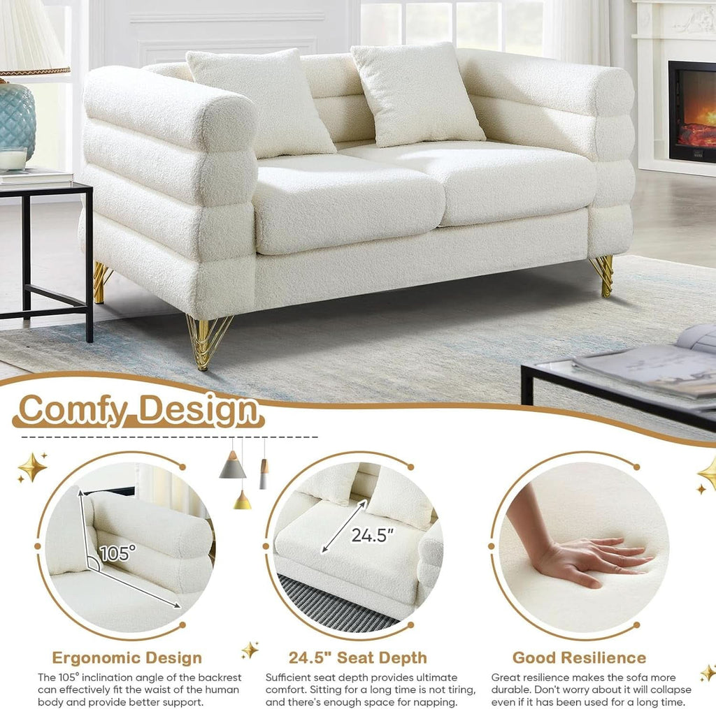 Two Piece Living Room Sofa Set White Teddy Boucle With Loveseat And Three Seater Deep Seat Cushioned Upholstered Sofa