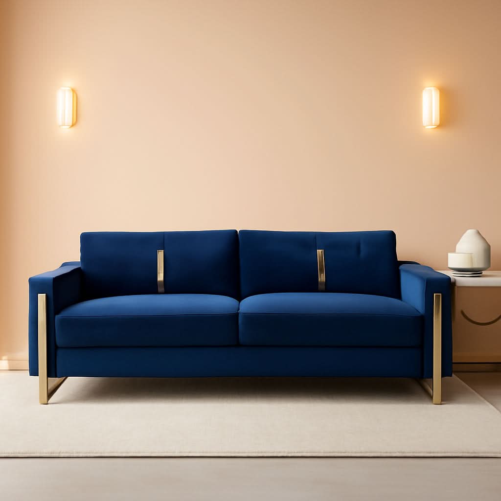 2 Piece Velvet Loveseat Sofa Set For Living Room 86 Inch Blue With Gold Metal Legs And 4 Pillows