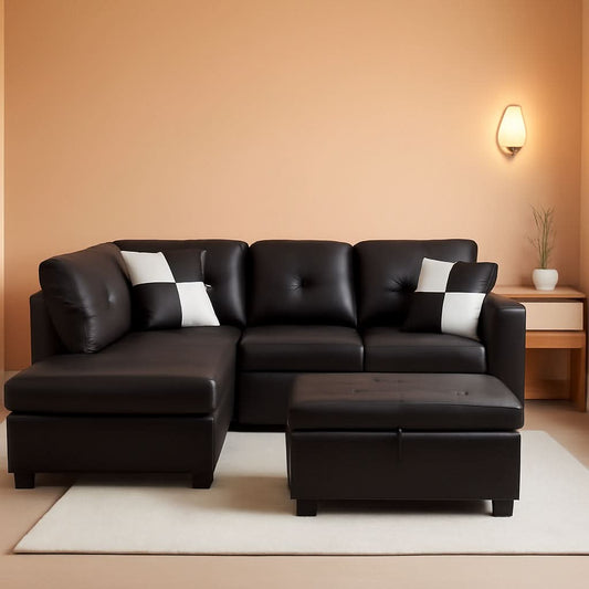 Faux Leather Sectional Sofa With Chaise Black For Living