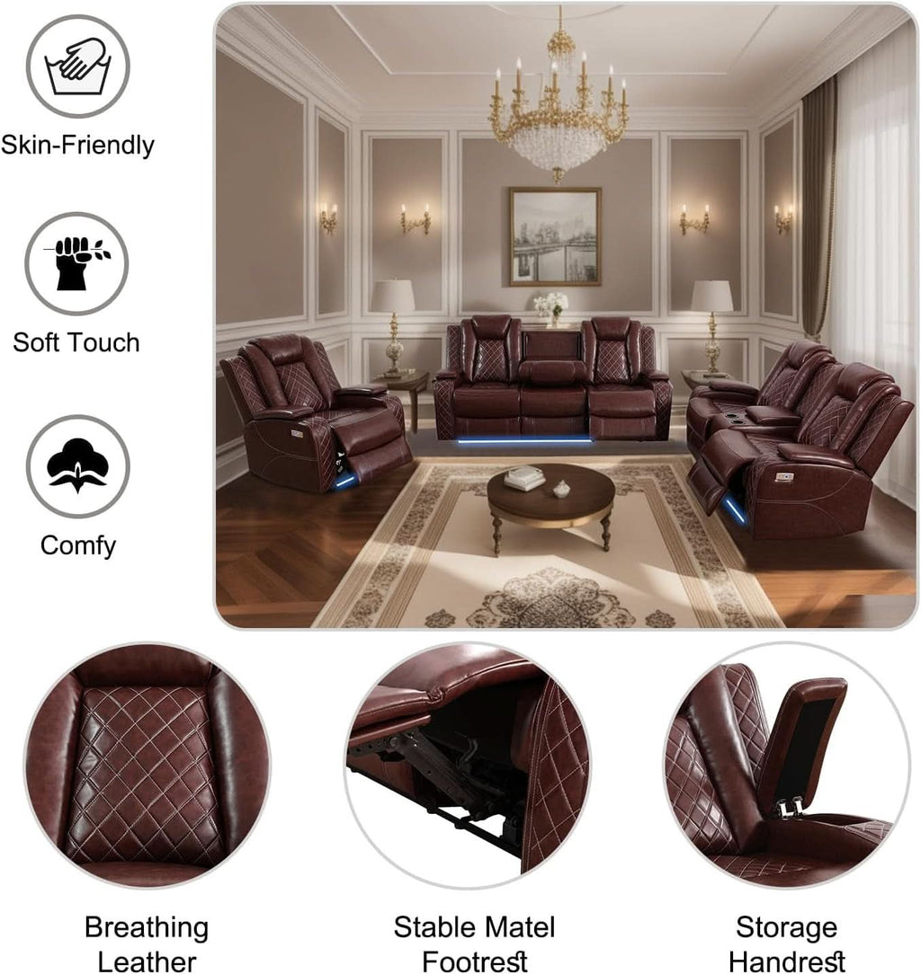 Power Reclining Leather Sofa Set With USB Ports Burgundy