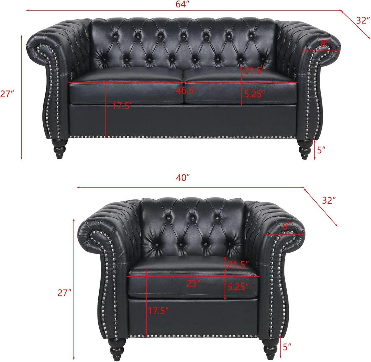 2 Piece Living Room Sofa Set Black Faux Leather Club Chair And Chesterfield Loveseat