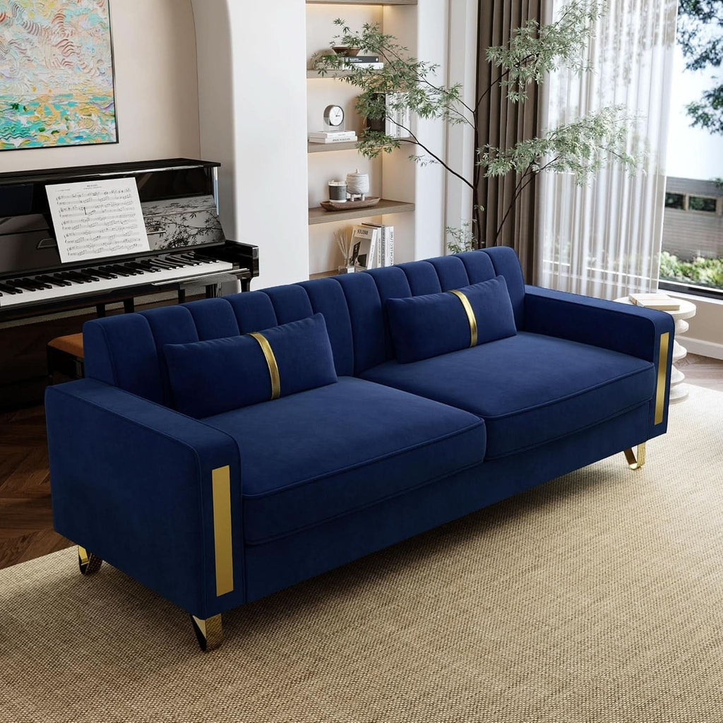 2 Piece Velvet Loveseat Sofa Set For Living Room 86 Inch Blue With Gold Metal Legs And 4 Pillows