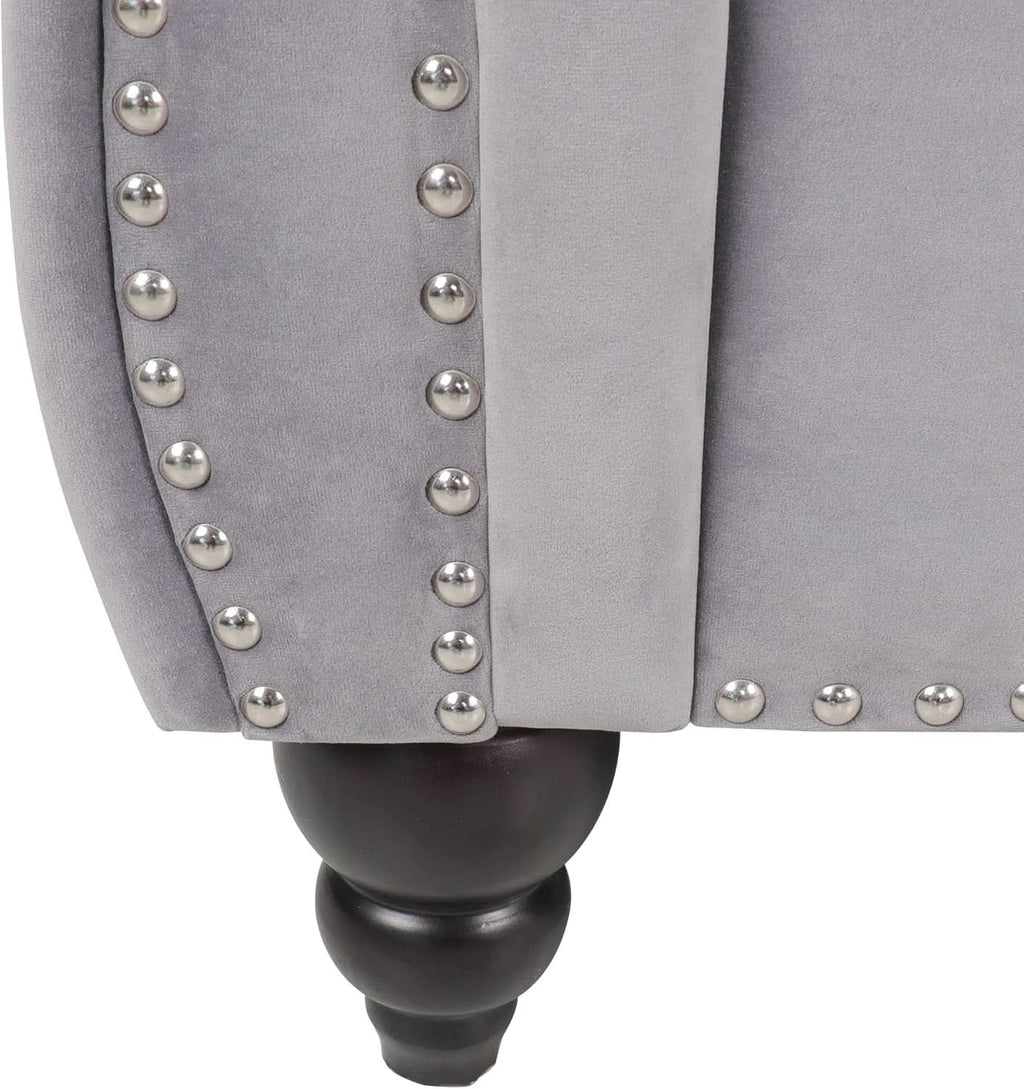 Three Piece Living Room Sofa Set Grey Velvet Chesterfield Sofa Club Chair Loveseat Nailhead Trim