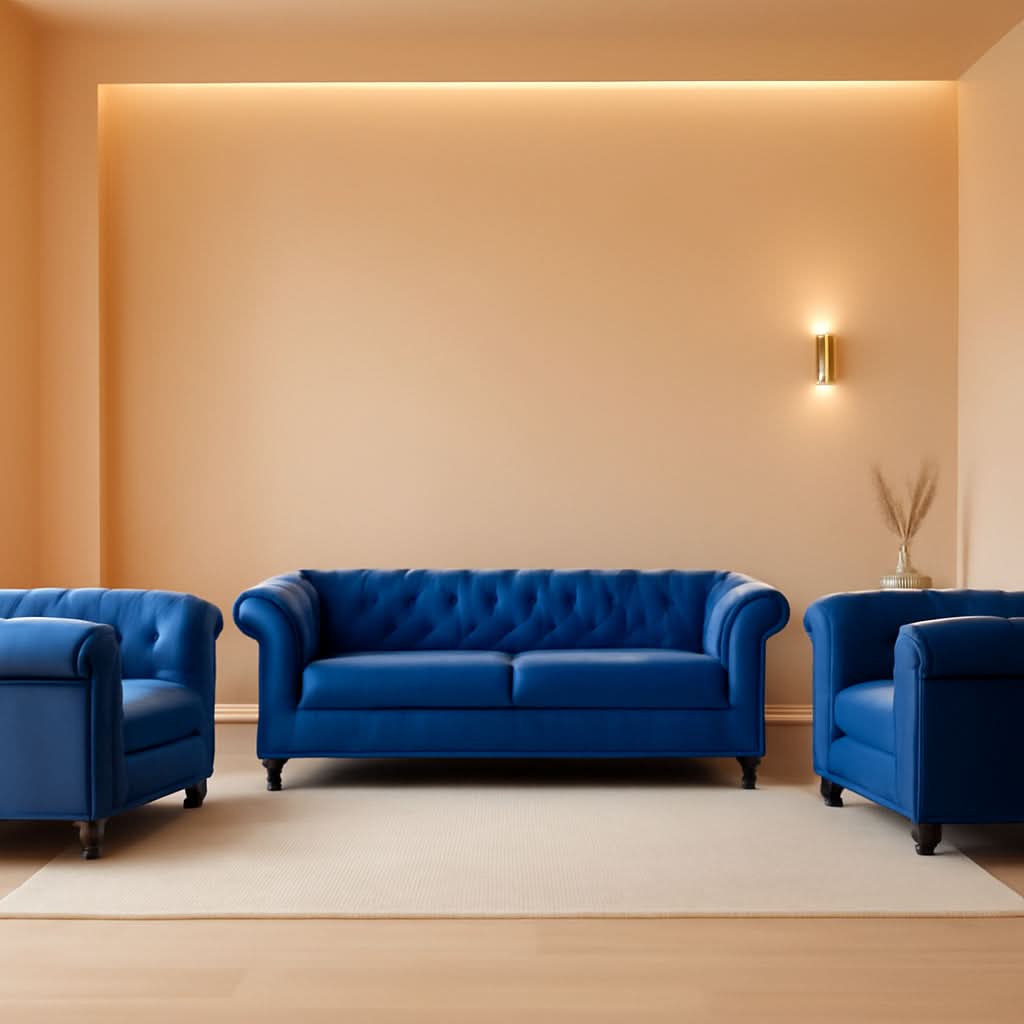 Three Piece Blue Velvet Chesterfield Sofa Set With Club Chair And Loveseat For Living Room