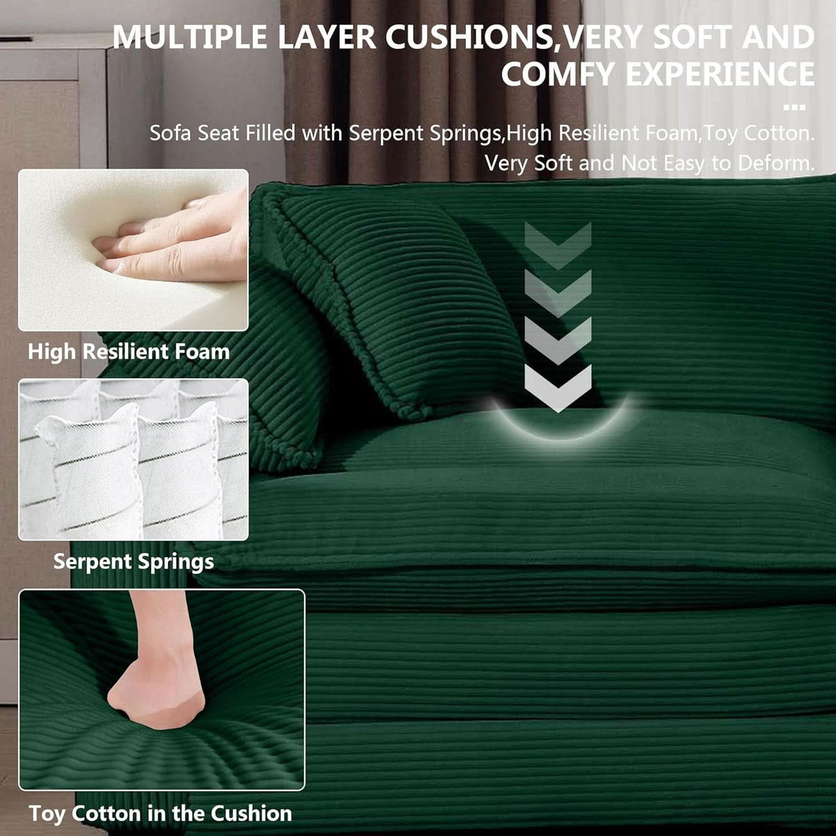 Oversized 2 Piece Sofa Set 3 Seater Loveseat Green