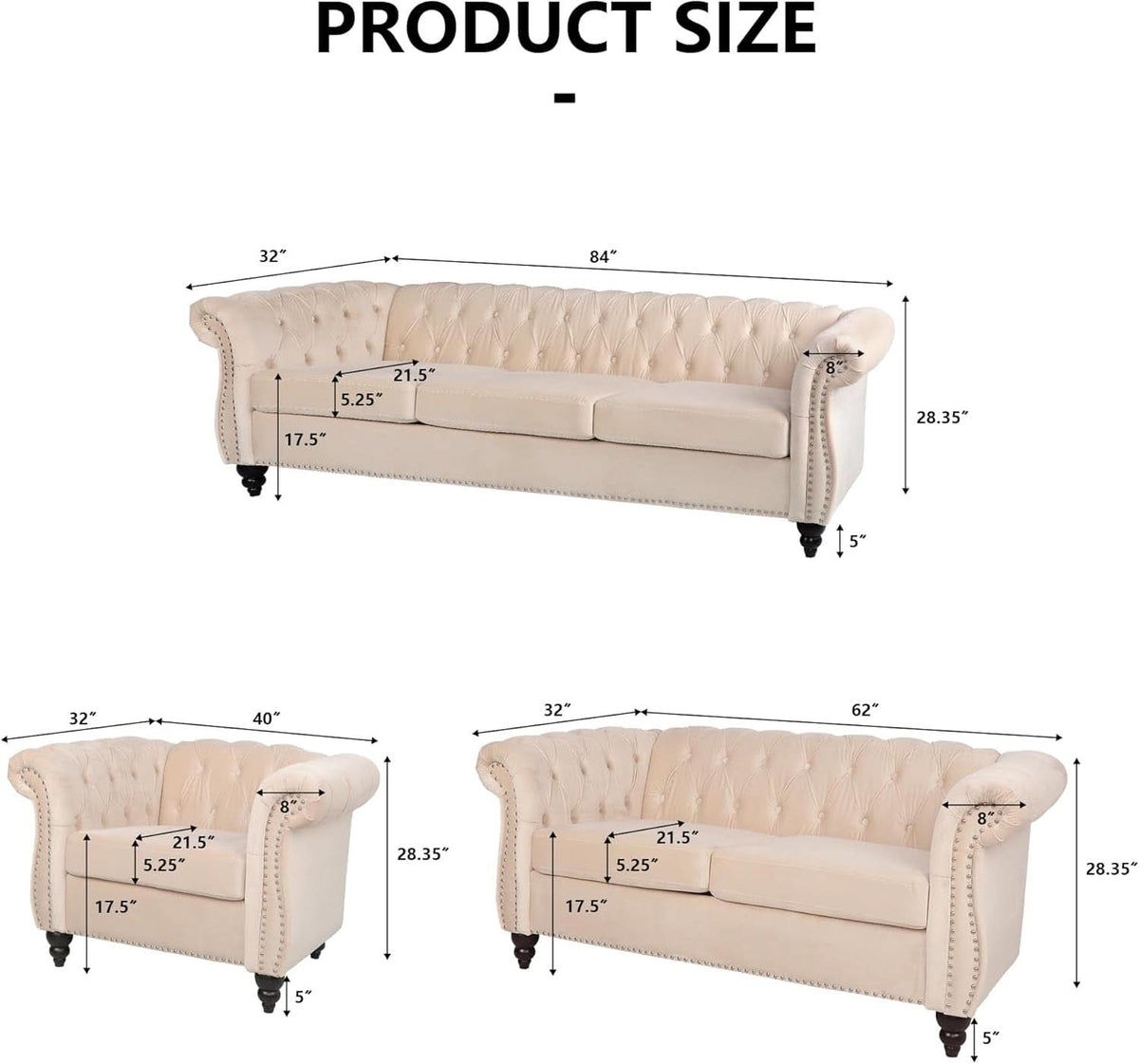 Three Piece Velvet Chesterfield Living Room Sofa Set Beige With Club Chair And Loveseat