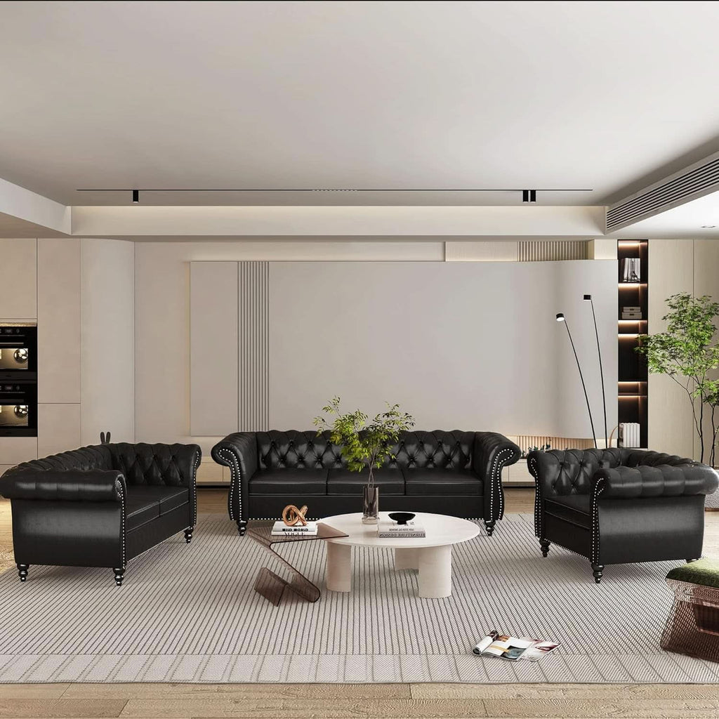 3 Piece Living Room Sectional Sofa Set Black Modern