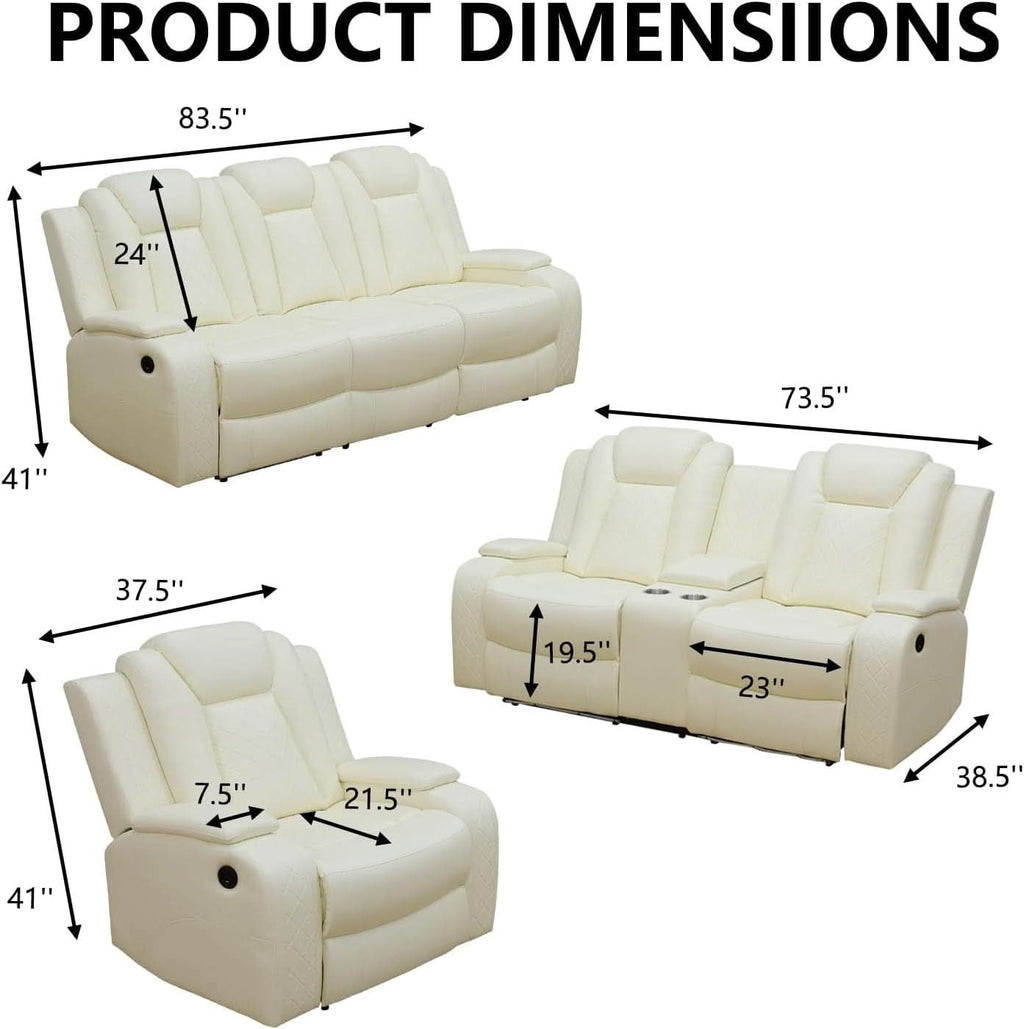 Leather Power Recliner Sofa Set Cream White With USB Port