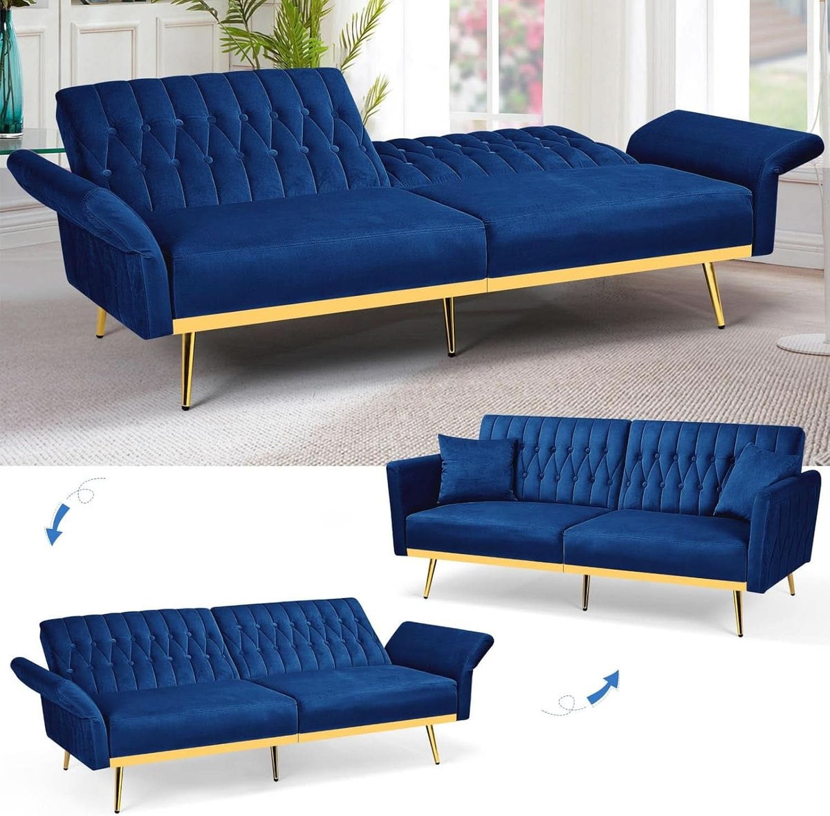 Velvet Futon Sofa Set Two Piece With Convertible Sofa Bed And Tufted Accent Chair In Blue