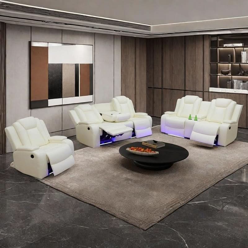 Power Recliner Set With LED Lights And USB Charging Ivory White