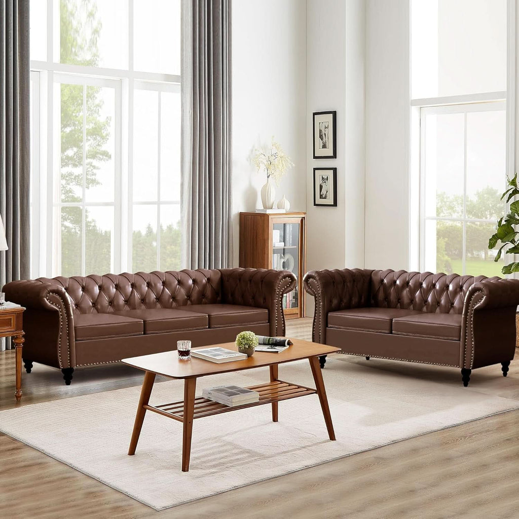 3 Piece Living Room Set With Sectional Chesterfield Sofa Chair And Leather Upholstered Loveseat