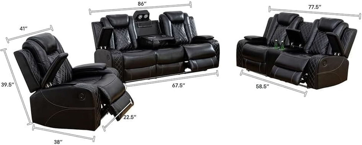 Black 3Piece Power Recliner Sofa Set With LED Light